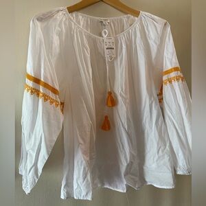 J. Crew White Blouse with Orange Tassels